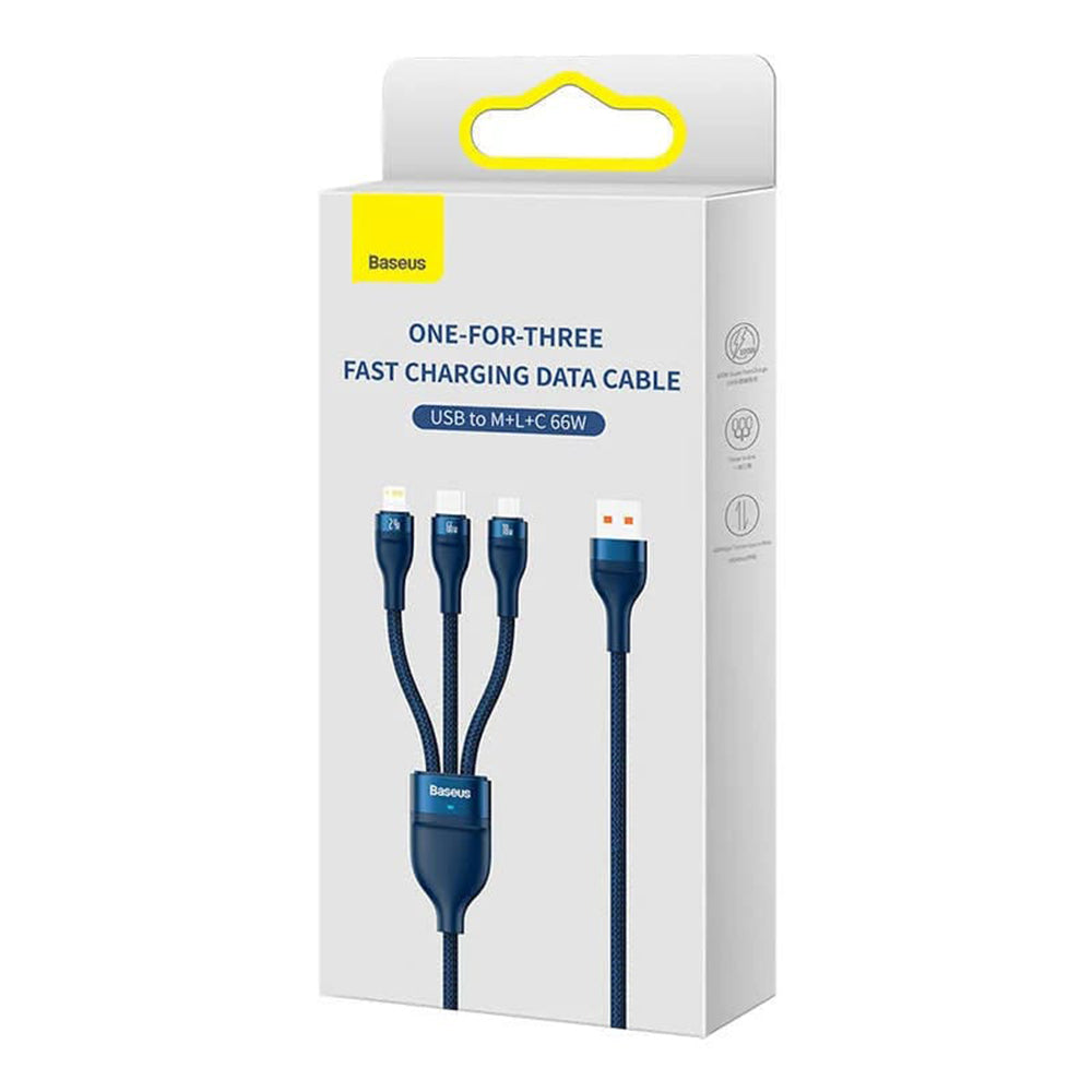 Кабел за зареждане USB-A - Lightning / microUSB / USB-C Baseus Flash Series II 3in1, 66W, 1.2m, Син CASS040003