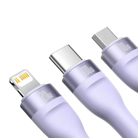 Кабел за зареждане USB-A / USB-C - Lightning / microUSB / USB-C Baseus Flash Series II 3in1, 100W, 1.2m, Лилав CASS030105