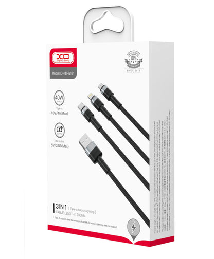 Кабел за зареждане USB-A - Lightning / microUSB / USB-C XO Design NB-Q191 3in1, 66W, 1.2m, Черен