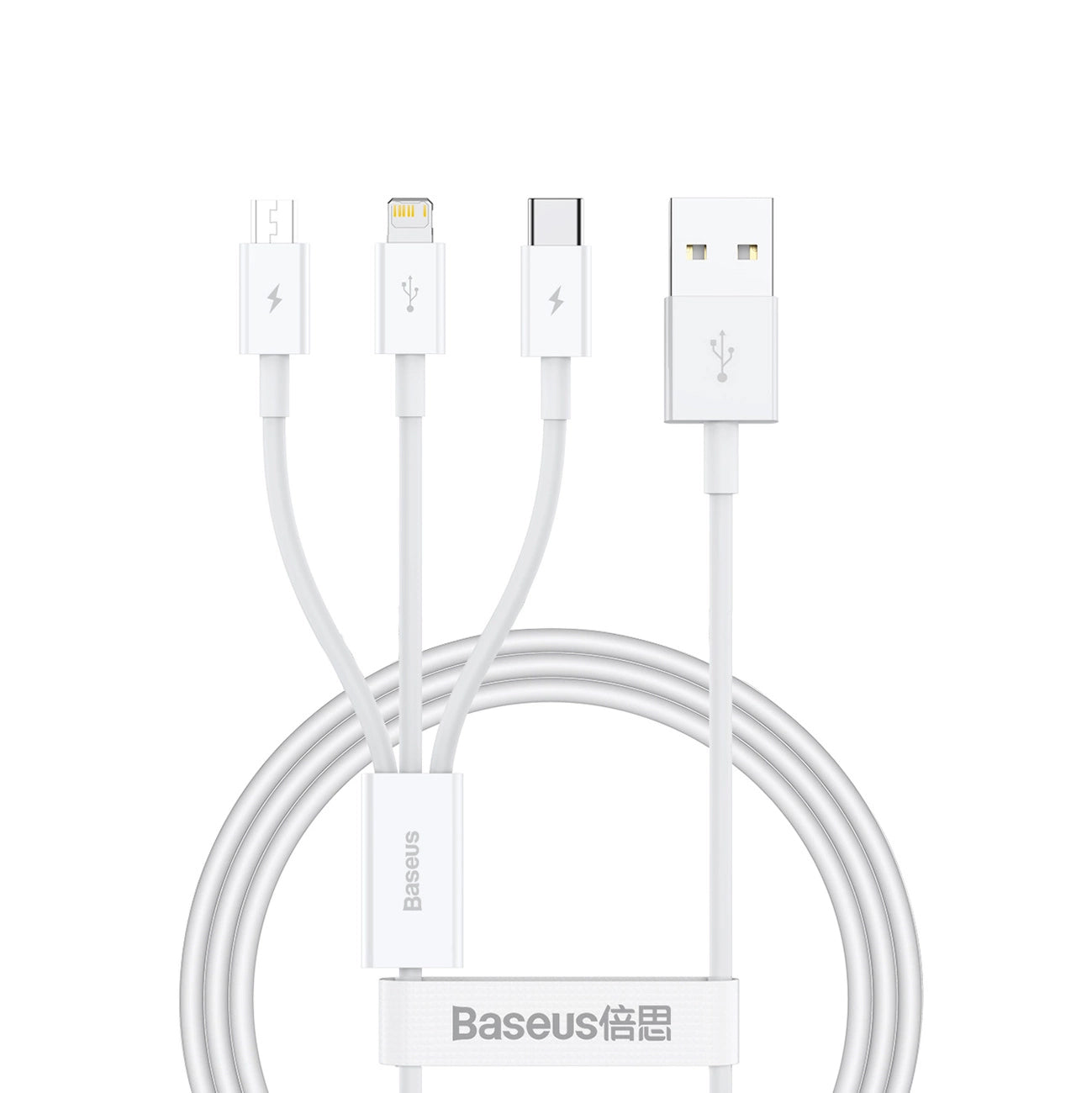 USB-A - Lightning / microUSB / USB-C кабел за зареждане Baseus Superior 3in1 Series, 20W, 0.5m, бял 