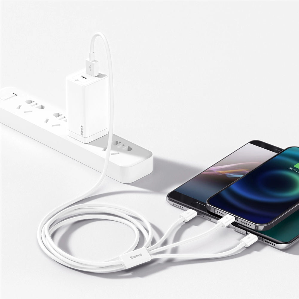 Кабел за зареждане USB-A - Lightning / microUSB / USB-C Baseus Superior 3in1 Series, 20W, 1m, Бял P10320105221-00