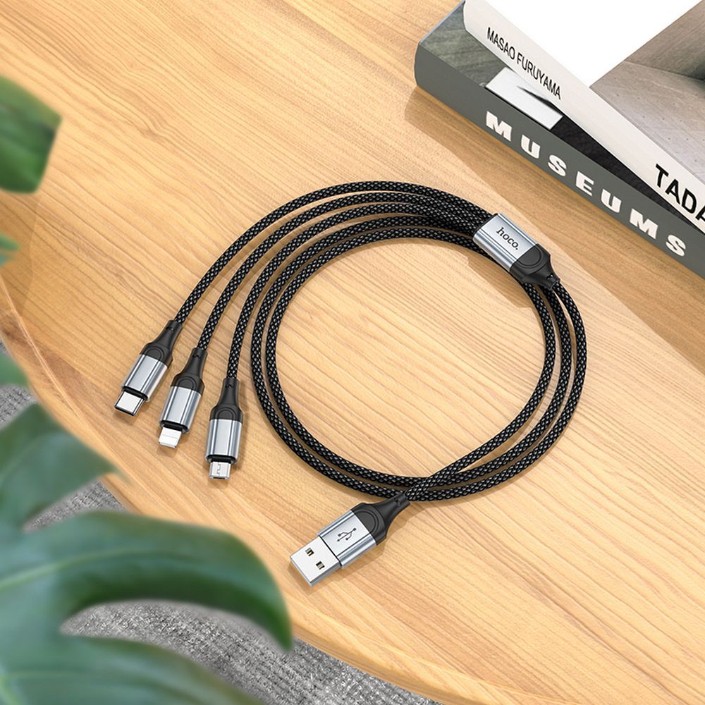 Кабел за зареждане USB-A - Lightning / microUSB / USB-C HOCO X102 3в1, 18W, 1 м, черен 