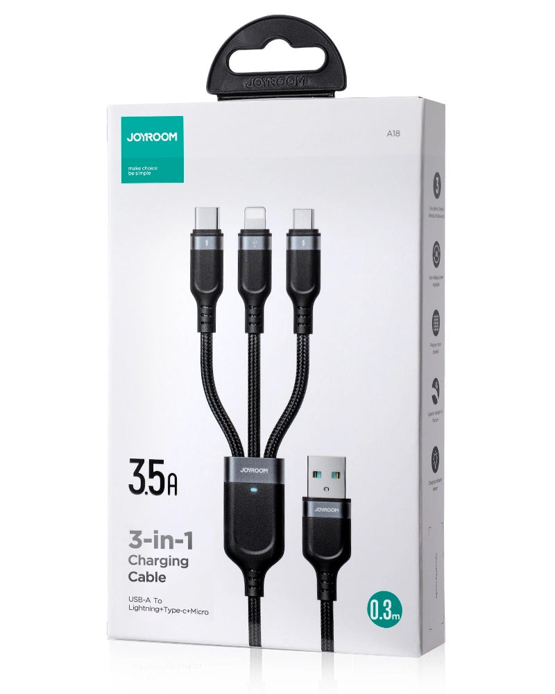 Кабел за зареждане USB-A - Lightning / microUSB / USB-C Joyroom S-A18 3в1, 20W, 0.3m, Черен