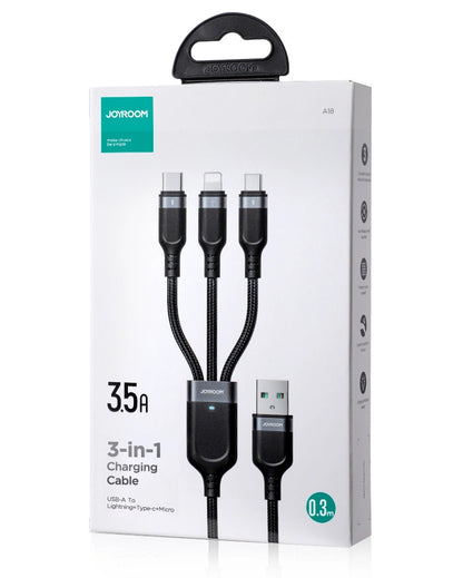 Кабел за зареждане USB-A - Lightning / microUSB / USB-C Joyroom S-A18 3в1, 20W, 0.3m, Черен