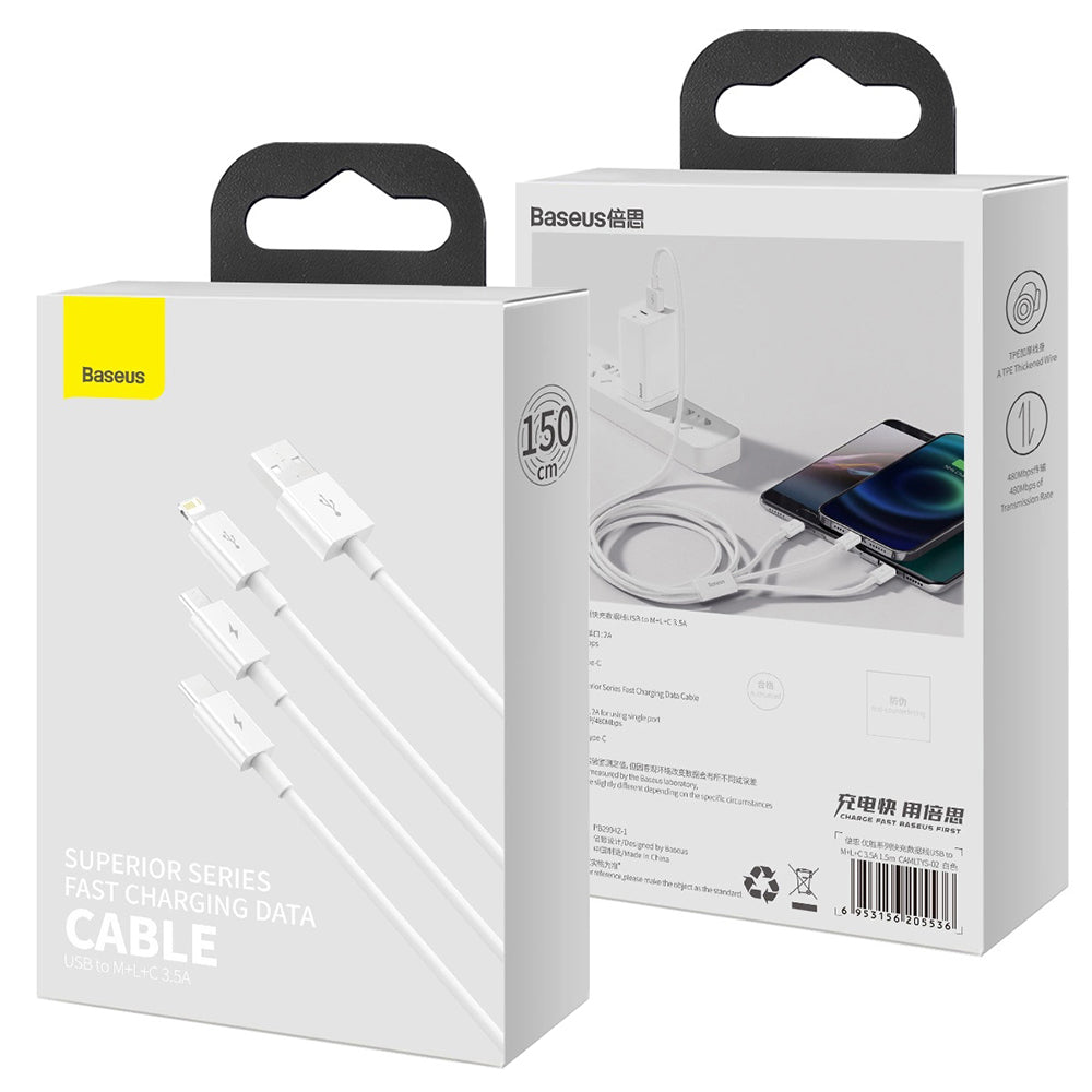 Кабел за зареждане USB-A - Lightning / microUSB / USB-C Baseus Superior 3in1 Series, 20W, 1m, Бял P10320105221-00