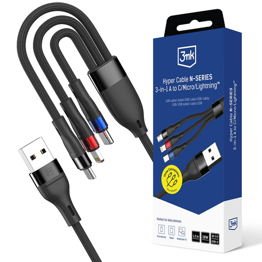 Кабел за зареждане USB-A - Lightning / microUSB / USB-C 3MK Hyper N, 18W, 1.2m, Черен