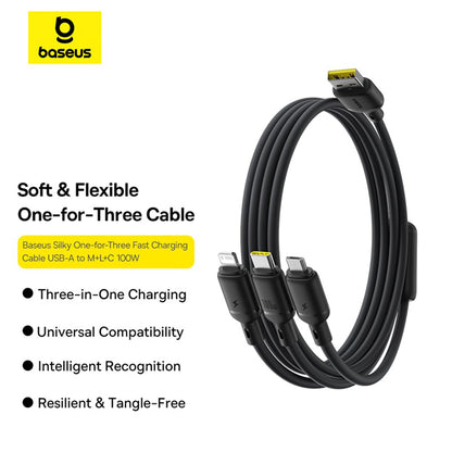 USB-A Charging Cable - Lightning / microUSB / USB-C Baseus Silky 3in1, 100W, 1.5m, Black P10377705123-00