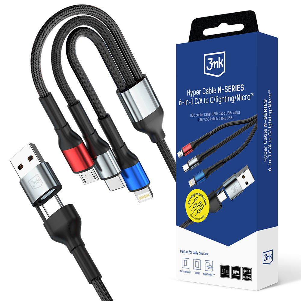 Кабел за зареждане USB-A / USB-C - Lightning / microUSB / USB-C 3MK Hyper N, 18W, 1.2m, Черен