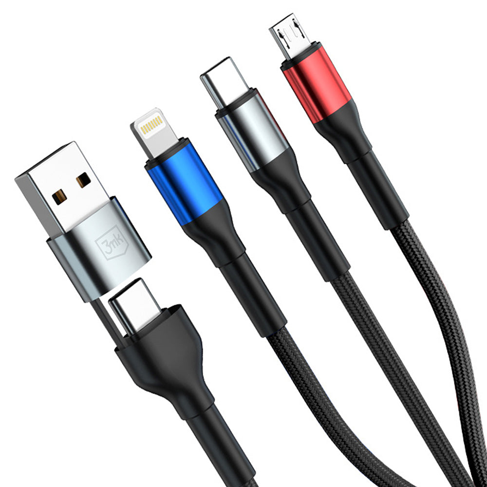 Кабел за зареждане USB-A / USB-C - Lightning / microUSB / USB-C 3MK Hyper N, 18W, 1.2m, Черен