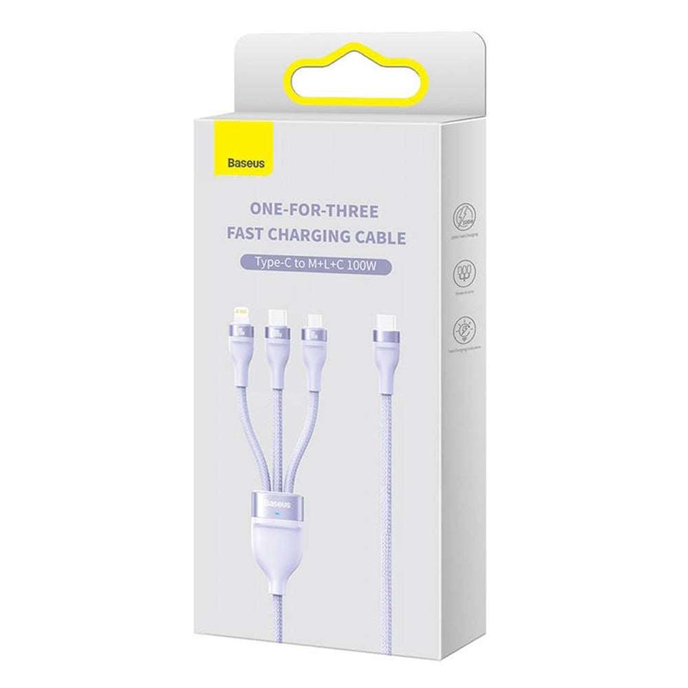 Кабел за зареждане USB-C - Lightning / microUSB / USB-C Baseus Flash Series II 3in1, 100W, 1.5m, Лилав CASS030205
