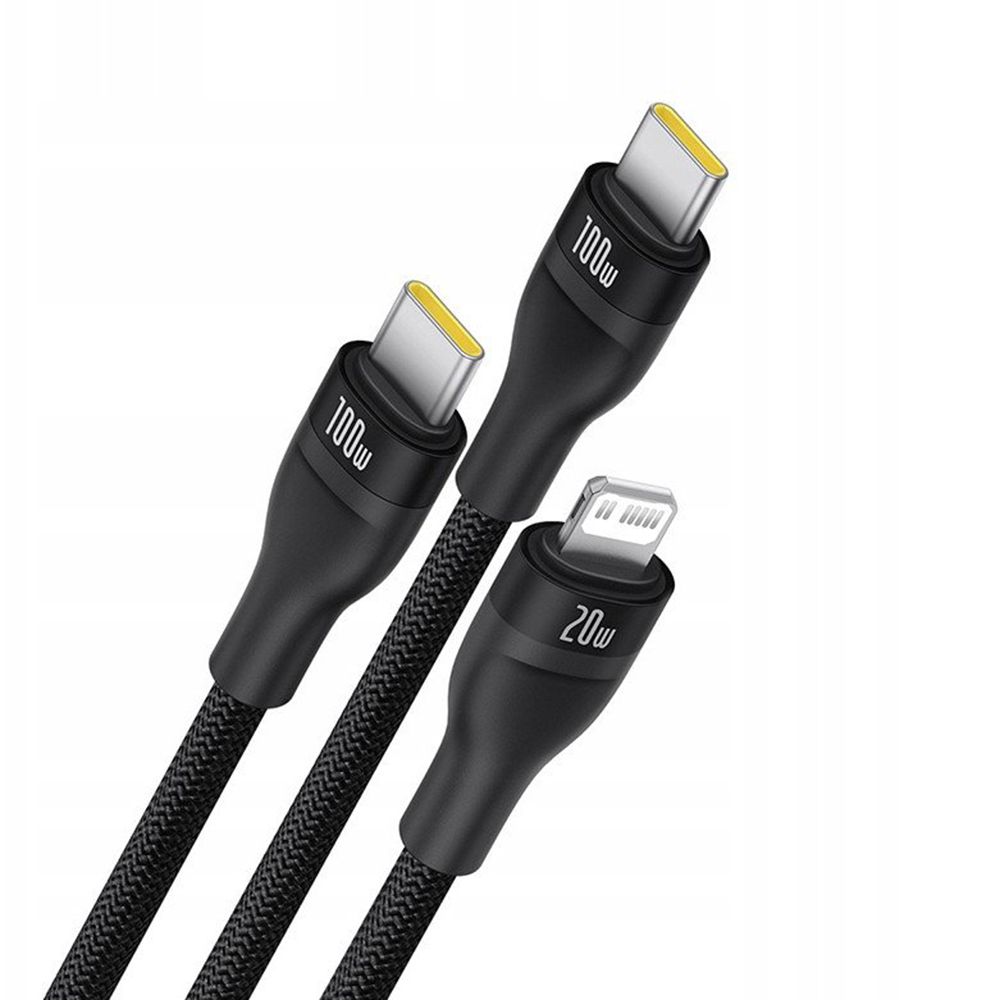 Кабел за зареждане USB-C - Lightning / 2 x USB-C Baseus Flash Series III 3in1, 100W, 1.5м, Черен, Презапечатан P10377502111-00