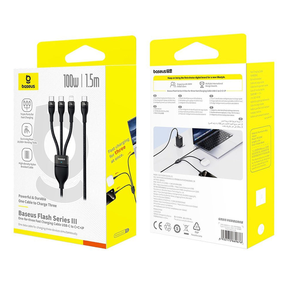Кабел за зареждане USB-C - Lightning / 2 x USB-C Baseus Flash Series III 3in1, 100W, 1.5m, Черен P10377502111-00