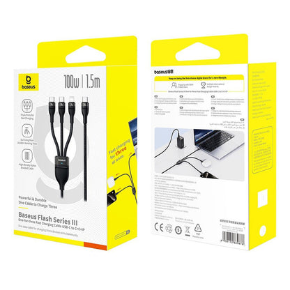 Кабел за зареждане USB-C - Lightning / 2 x USB-C Baseus Flash Series III 3in1, 100W, 1.5m, Черен P10377502111-00
