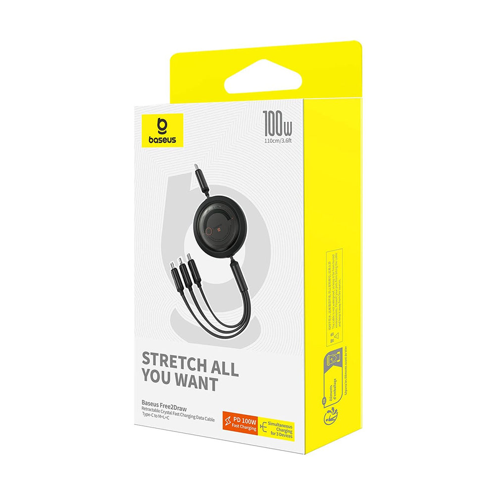 Кабел за зареждане USB-C - Lightning / microUSB / USB-C Baseus Free2Draw Retractable, 100W, 1.1m, Черен P10368700111-04