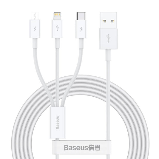 Кабел за зареждане USB-A - Lightning / microUSB / USB-C Baseus Superior 3in1 Series, 20W, 1,2 м, бял CAMLTYS-02 