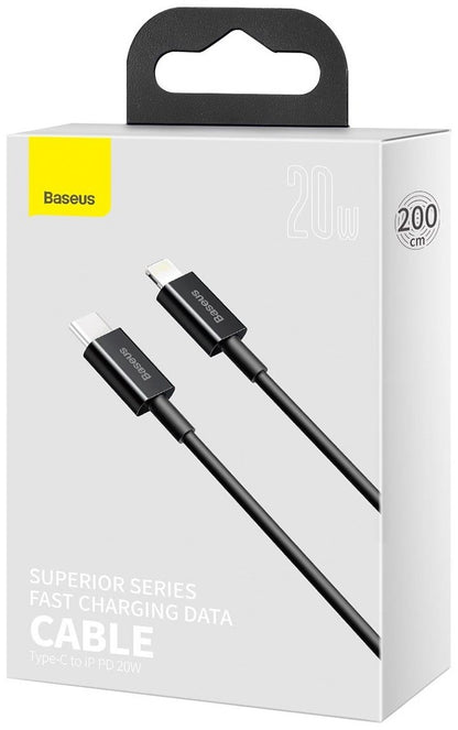 Кабел за данни и зареждане USB-C - Lightning Baseus Superior Series, 20W, 2 m, черен CATLYS-C01