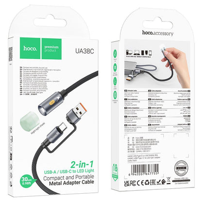 Кабел Led HOCO UA38C, USB-C / USB-A, 0.3m, Черен