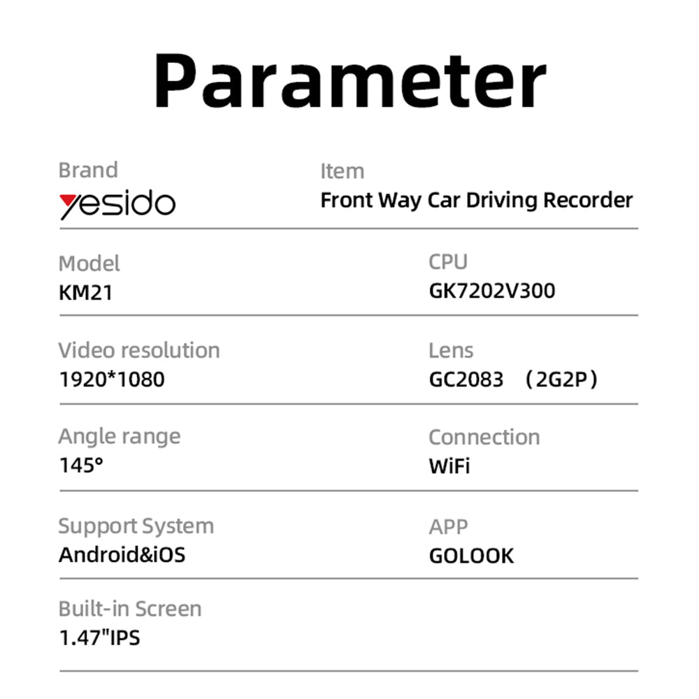 Автомобилна камера Yesido KM21, 1080P, Wi-Fi, Дисплей 1.47 инча