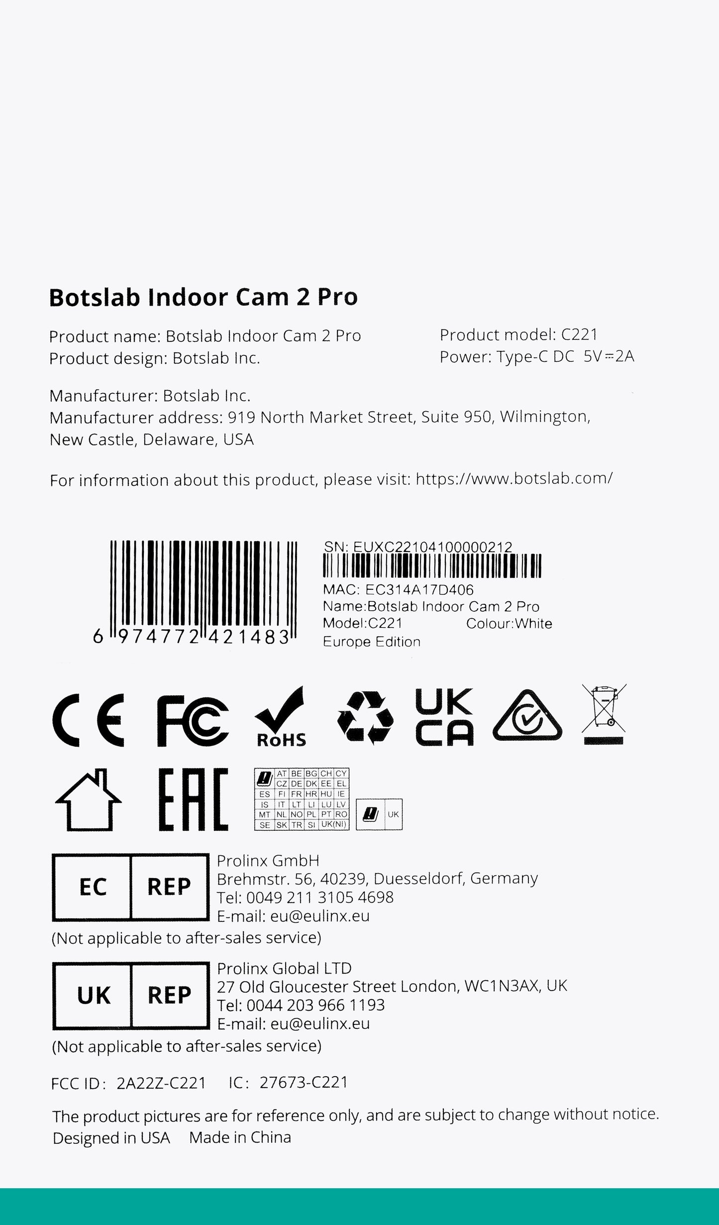 Камера за видеонаблюдение Botslab 2 Pro C221, Wi-Fi, 3K, вътрешна 