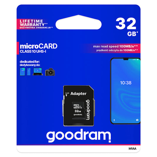 Карта памет microSDHC GoodRam, 32Gb, Клас 10 / UHS-1 U1, с адаптер