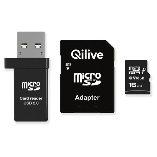 Карта памет microSDHC Qilive, 16Gb, Клас 10, с четец за карти и адаптер EKMSDM16GHC10QL