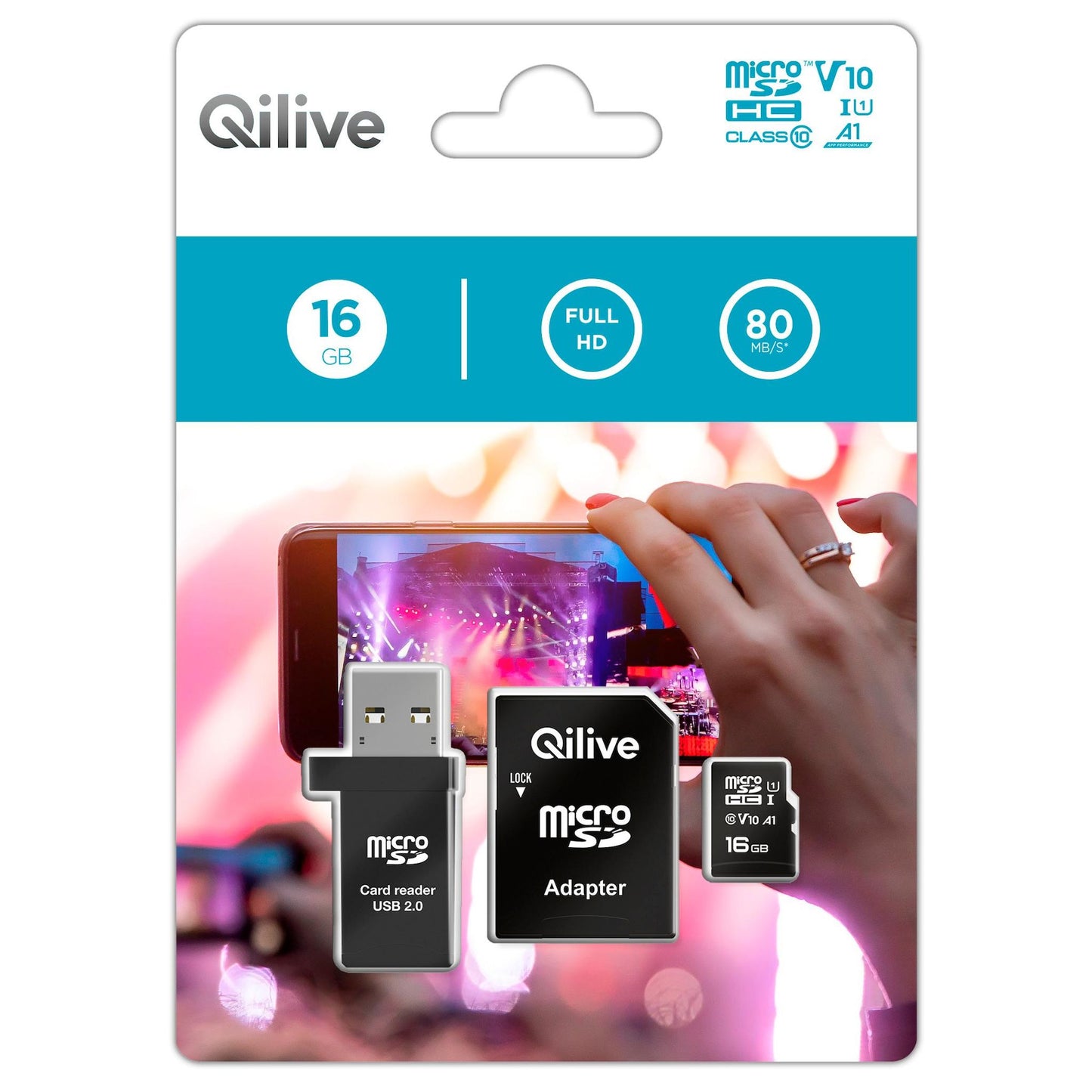 Карта памет microSDHC Qilive, 16Gb, Клас 10, с четец за карти и адаптер EKMSDM16GHC10QL