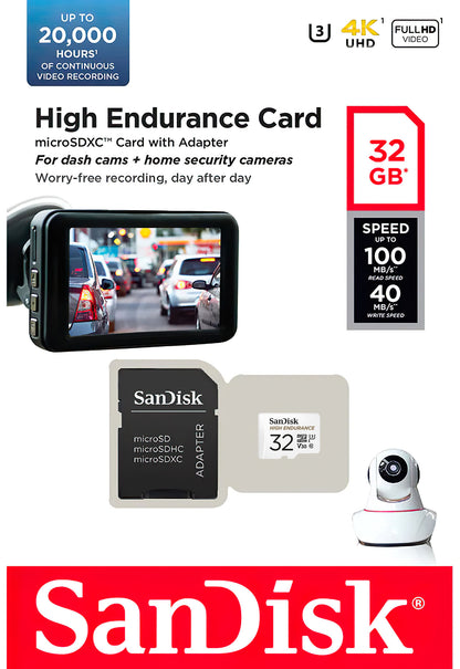 microSDHC карта памет SanDisk High Endurance, 32GB, Клас 10 / UHS-1 U3, с адаптер SDSQQNR-032G-GN6IA