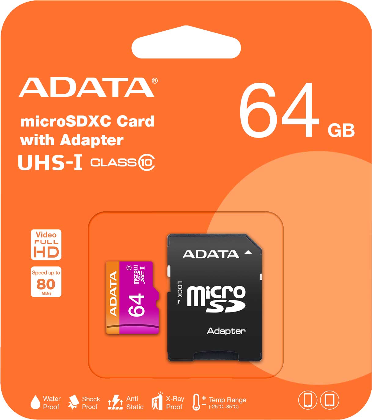 Adata microSDXC карта памет, 64Gb, клас 10 / UHS-1 U1, с адаптер AUSDX64GUICL10-RA1