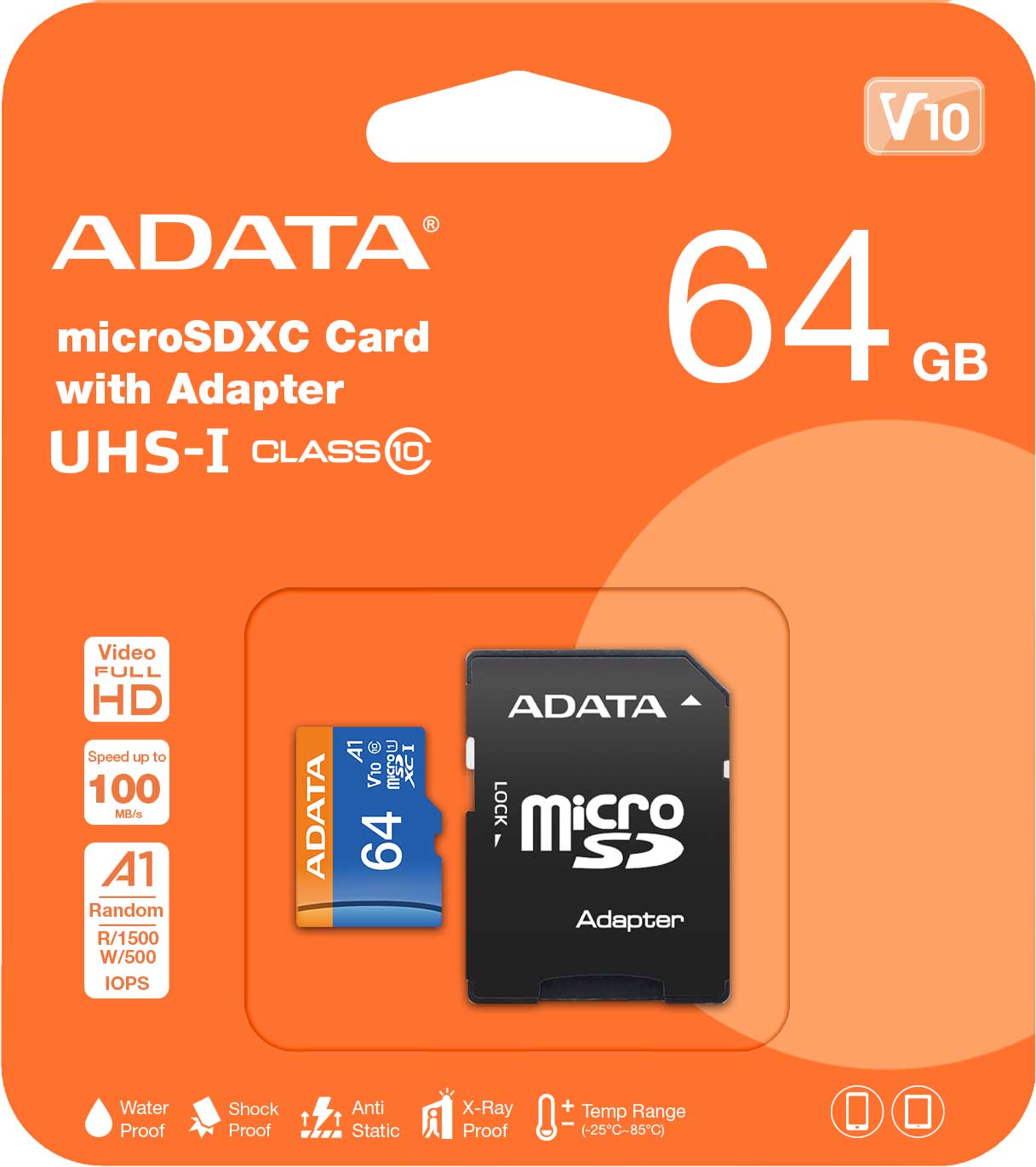 Карта памет microSDXC Adata, 64Gb, Class 10 / UHS-1 U1, с адаптер AUSDX64GUICL10A1-RA1 AUSDX64GUICL10A1-RA1 