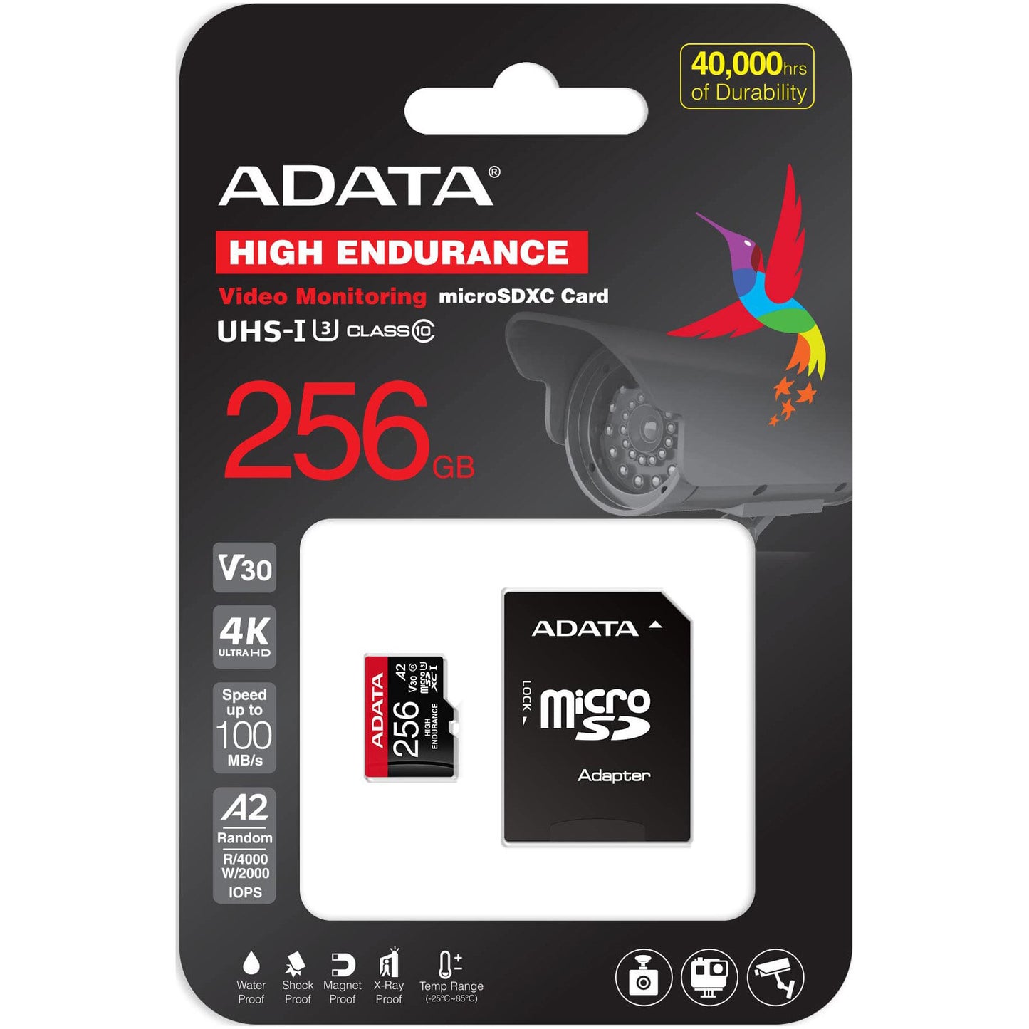 Карта памет microSDXC Adata High Endurance, 256Gb, Клас 10 / UHS-1 U3, С адаптер AUSDX256GUI3V30SHA2-RA1