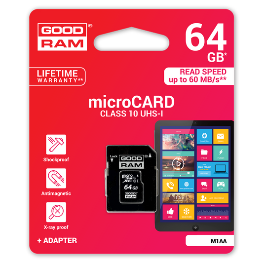 Карта памет microSDXC GoodRam, 64Gb, Клас 10 / UHS-1 U1, с адаптер M1AA-0640R12