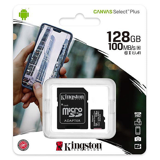 Kingston Canvas Select Plus Android A1 microSDXC карта памет Kingston Canvas Select Plus Android A1, 128Gb, Class 10 / UHS-1 U1, с адаптер SDCS2/128GB