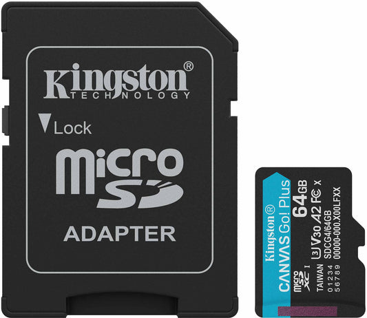 Kingston Canvas Go Plus microSDXC Memory Card Android A2, 64Gb, Class 10 / UHS-1 U3, With Adapter SDCG4/64GB