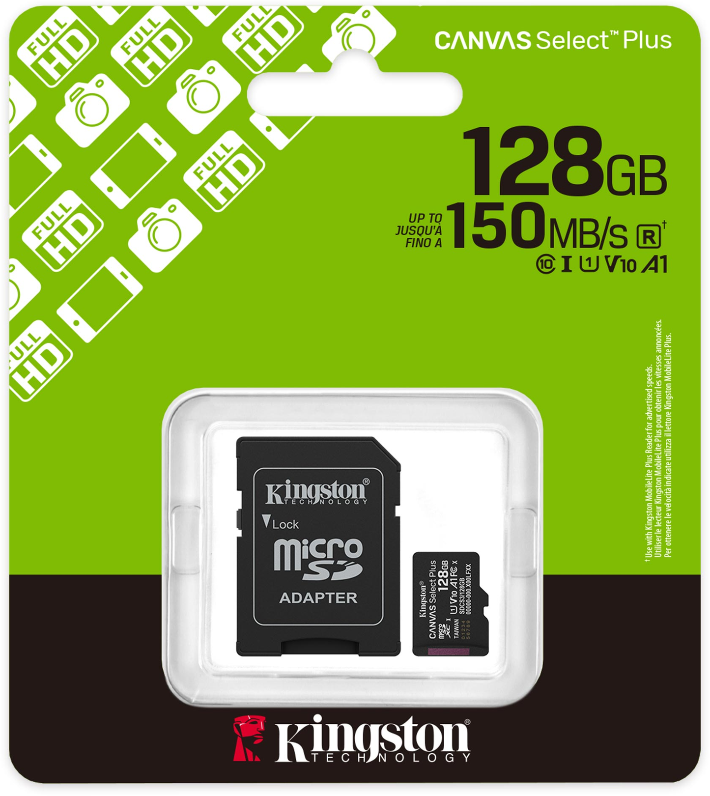 Карта памет microSDXC Kingston Canvas Select Plus Android A1, 128Gb, Клас 10 / UHS-1 U1, С адаптер SDCS3/128GB
