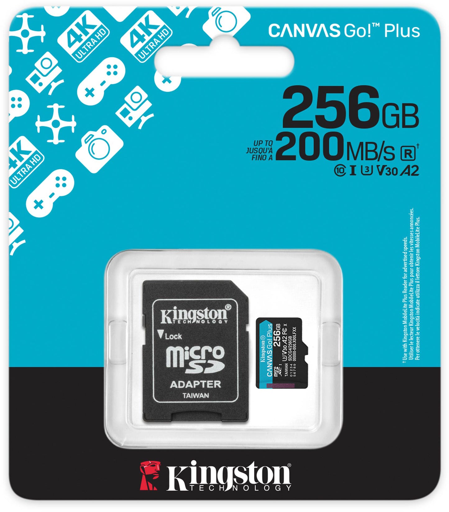 Карта памет microSDXC Kingston Canvas Go Plus Android A2, 256Gb, Клас 10 / UHS-1 U3, С адаптер SDCG4/256GB