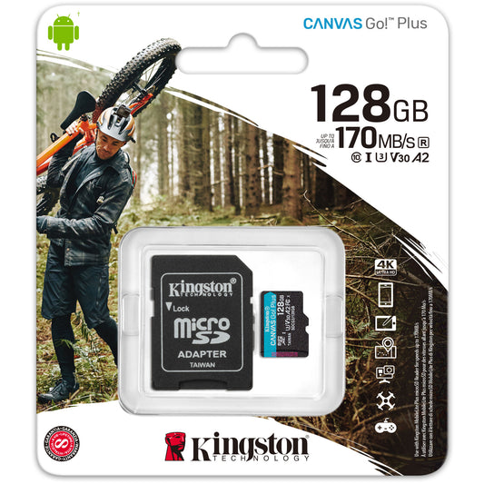 Карта памет microSDXC Kingston Canvas Go Plus, 128Gb, Class 10 / UHS-1 U3, с адаптер SDCG3/128GB