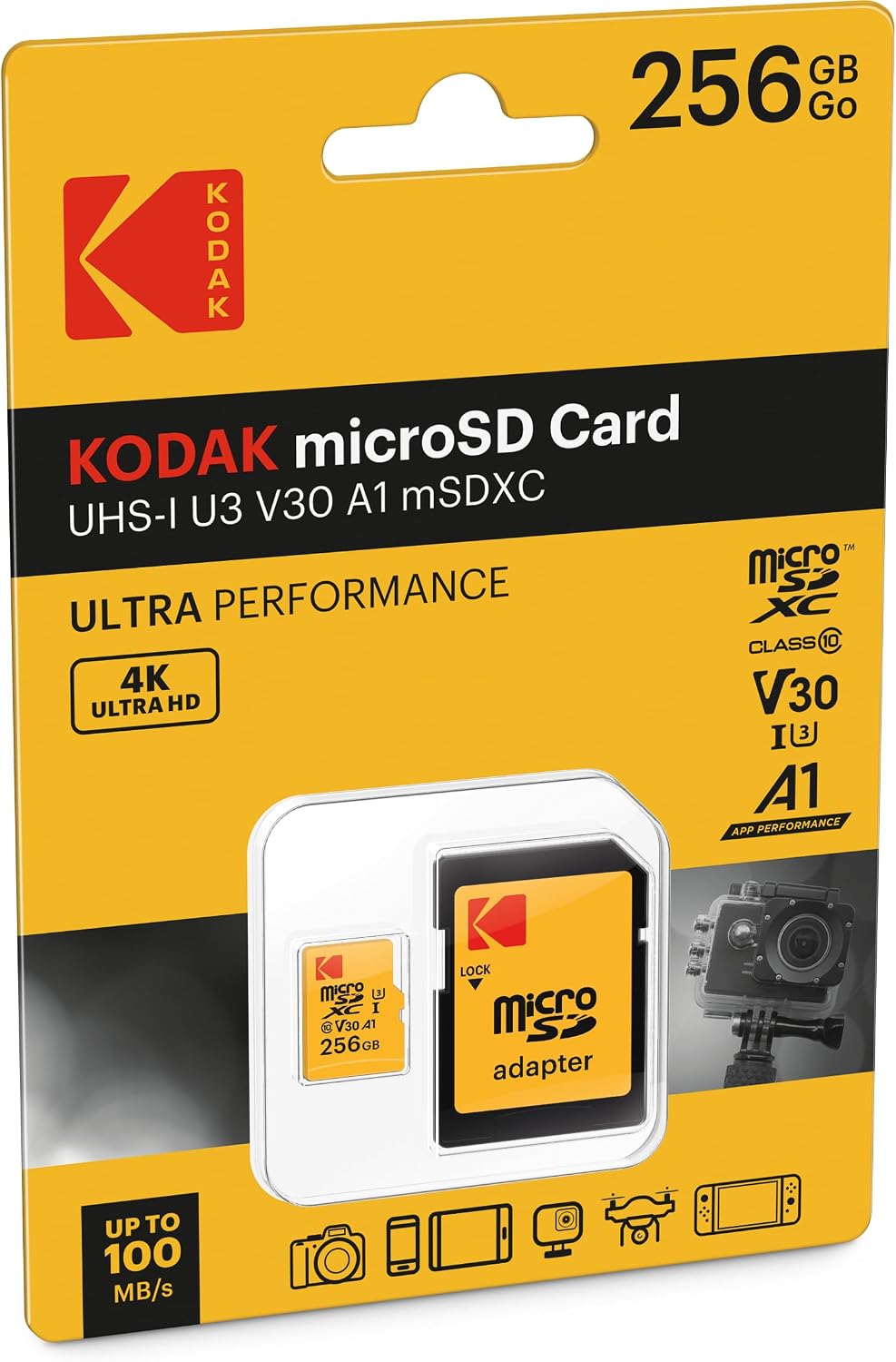 Карта памет microSDXC Kodak, 256Gb, Клас 10 / UHS-1 U3, с адаптер EKMSDM256GXC10HPRK