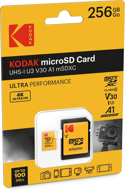 Карта памет microSDXC Kodak, 256Gb, Клас 10 / UHS-1 U3, с адаптер EKMSDM256GXC10HPRK