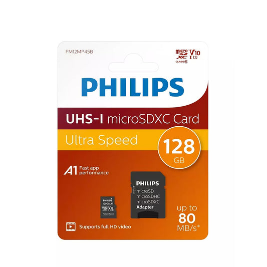 Карта памет microSDXC Philips, 128Gb, Клас 10 / UHS-1 U1, С адаптер FM12MP45B/10