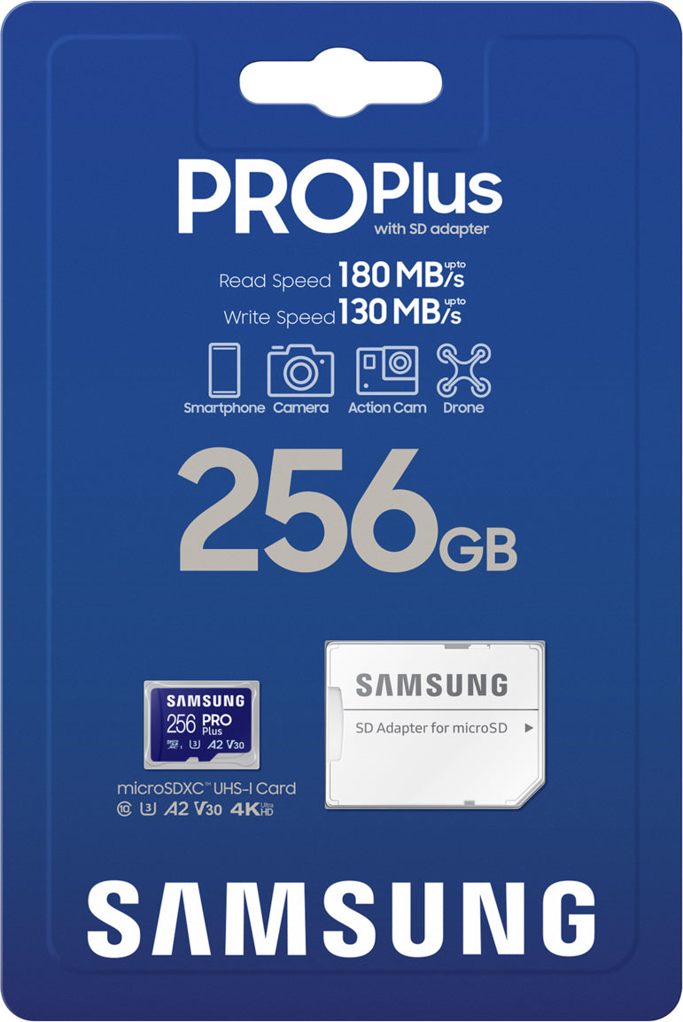 Карта памет microSDXC Samsung PRO Plus, 256Gb, Клас 10 / UHS-1 U3, С адаптер MB-MD256SA/EU