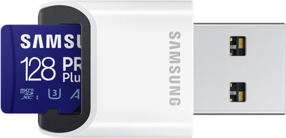 Карта памет microSDXC Samsung PRO Plus, 128Gb, Клас 10 / UHS-1 U3, С четец за карти и адаптер MB-MD128KB/WW