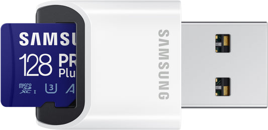 Карта памет microSDXC Samsung PRO Plus, 128Gb, Клас 10 / UHS-1 U3, С четец за карти и адаптер MB-MD128KB/WW