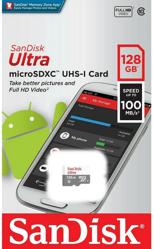 Карта памет microSDXC SanDisk Ultra, 128Gb, Клас 10 SDSQUNR-128G-GN3MN