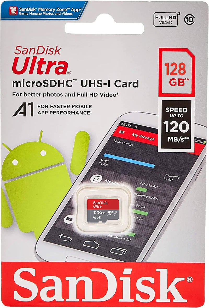 Карта памет microSDXC SanDisk Ultra Android A1, 128Gb, Клас 10 / UHS-1 U1 SDSQUAB-128G-GN6MN