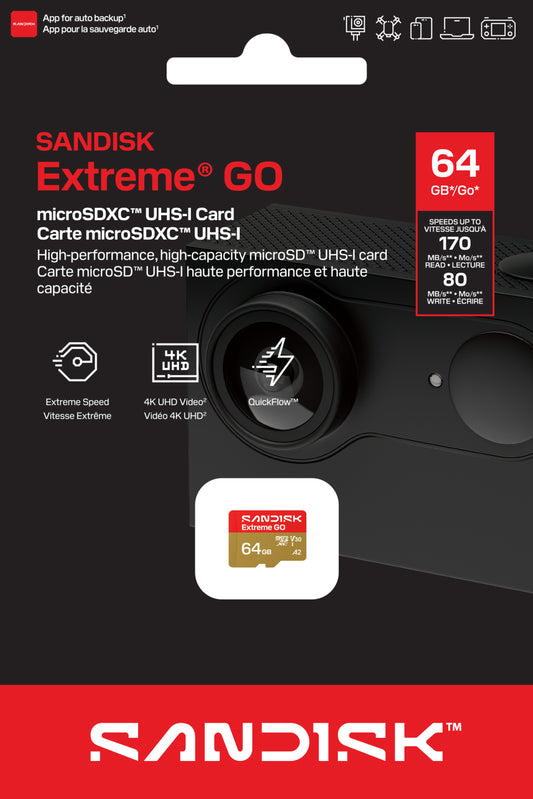 Карта памет microSDXC SanDisk Extreme GO Android A2, 64Gb, Клас 10 / UHS-1 U1 SDSQXGN-064G-GN6MN