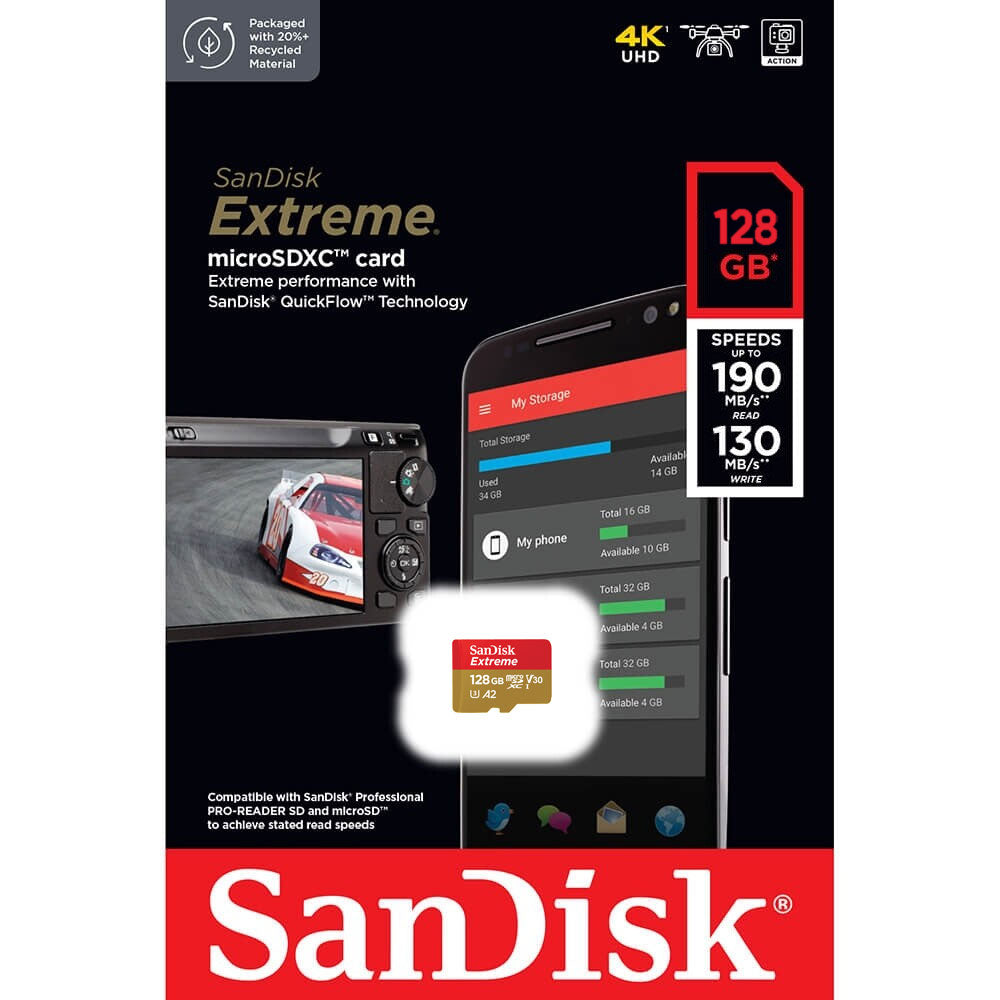 SanDisk Extreme microSDXC карта памет, 128Gb, клас 10 / UHS-1 U3 SDSQXAA-128G-GN6MN 