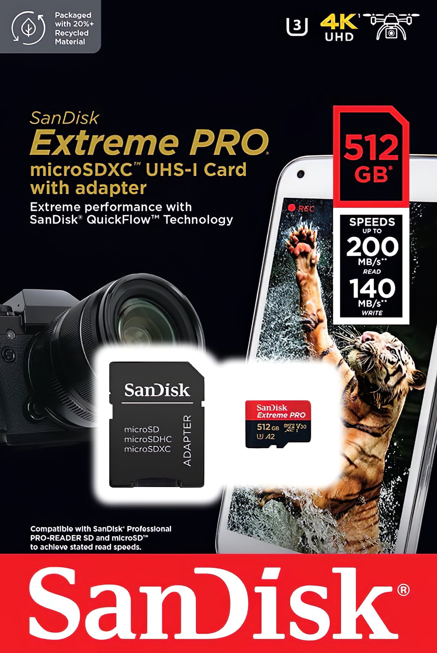 Карта памет microSDXC SanDisk Extreme Pro, 512Gb, Клас 10 / UHS-1 U3, С адаптер SDSQXCD-512G-GN6MA