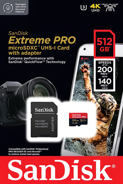 Карта памет microSDXC SanDisk Extreme Pro, 512Gb, Клас 10 / UHS-1 U3, С адаптер SDSQXCD-512G-GN6MA