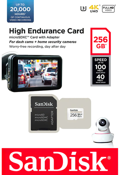 Карта памет microSDXC SanDisk High Endurance, 256Gb, Клас 10 / UHS-1 U3, С адаптер SDSQQNR-256G-GN6IA