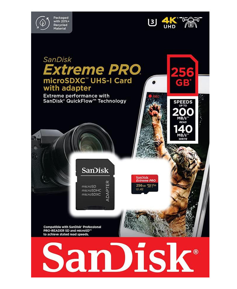Карта памет microSDXC SanDisk Extreme Pro, 256Gb, Клас 10 / UHS-1 U3, С адаптер SDSQXCD-256G-GN6MA